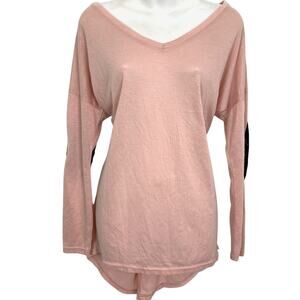 BKE RED Pink Sequin Elbow Patch High Low Top Shirt Pullover V-Neck sz M